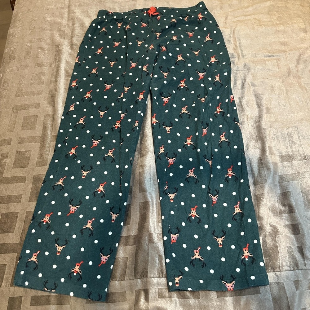 Jenni Pajama Pants Womens Medium Green Flannel Lounge Sleep Reindeer Christmas